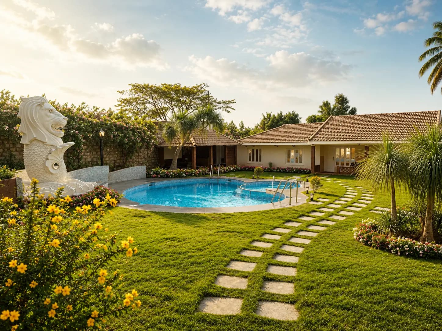 Villa garden at golden hour