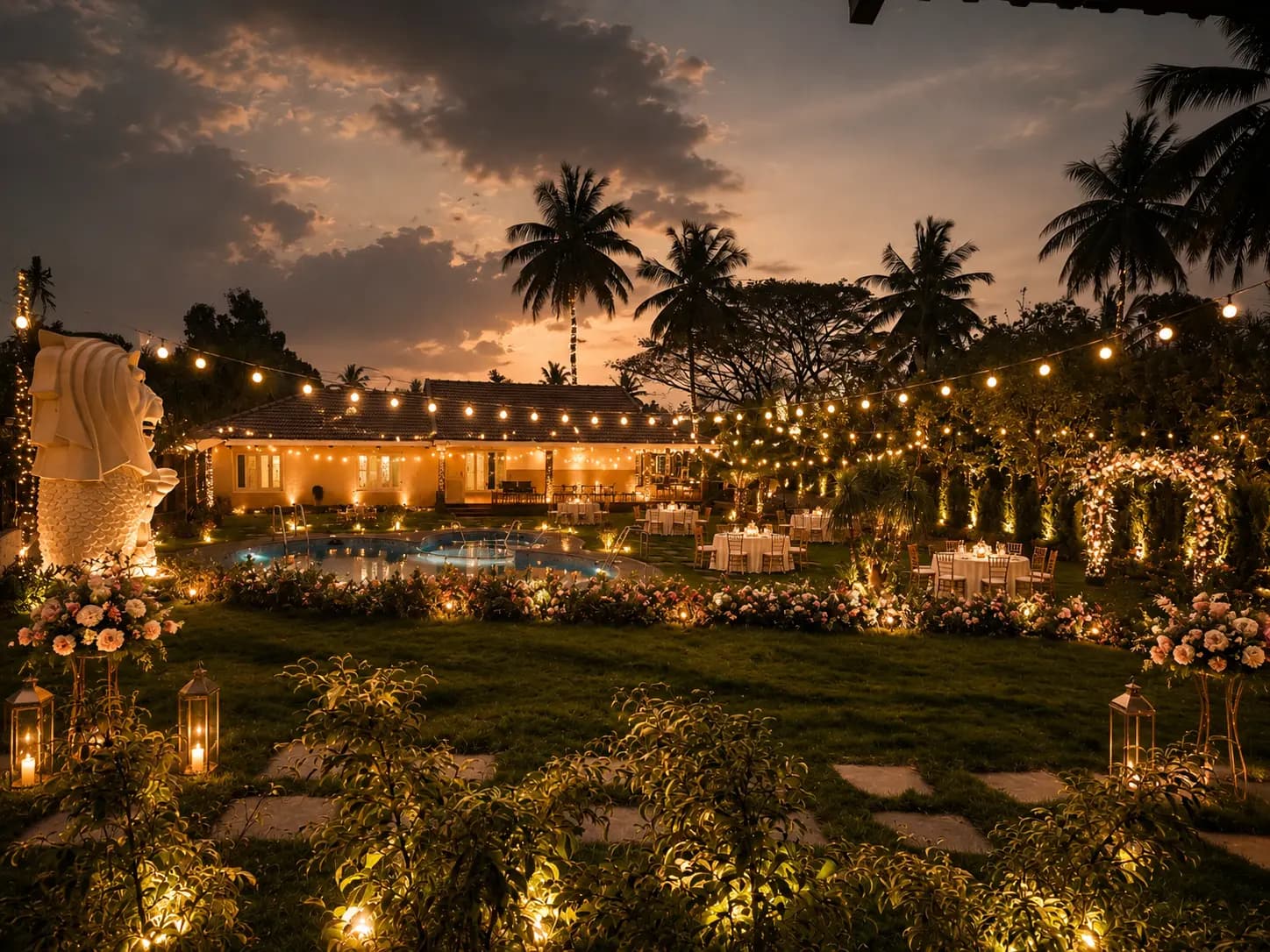 A wedding mandap at dusk on the lawn